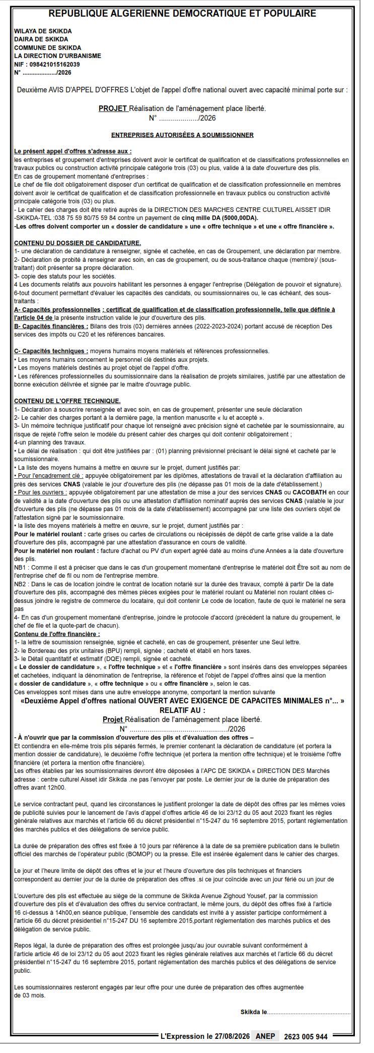 Réalisation de l'aménagement de la place Liberté