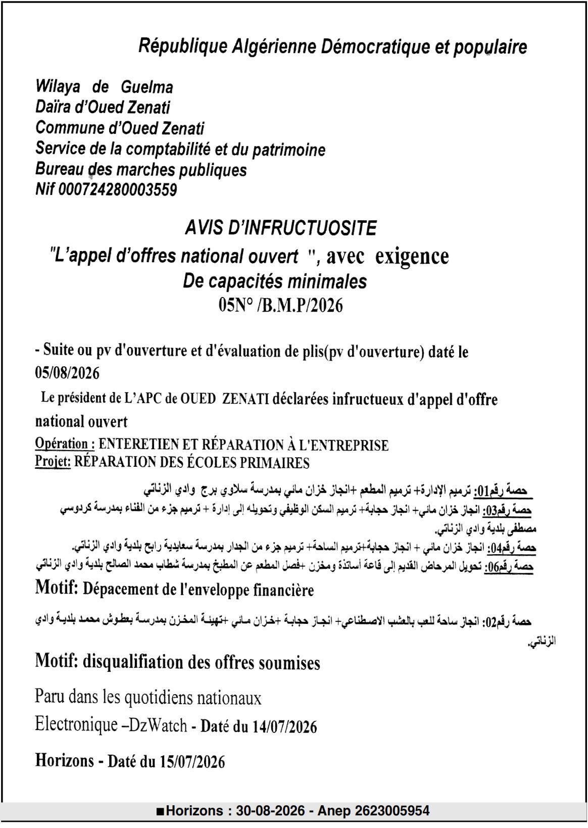 Avis d'infructuosité - Réparation des écoles primaires à Oued Zenati