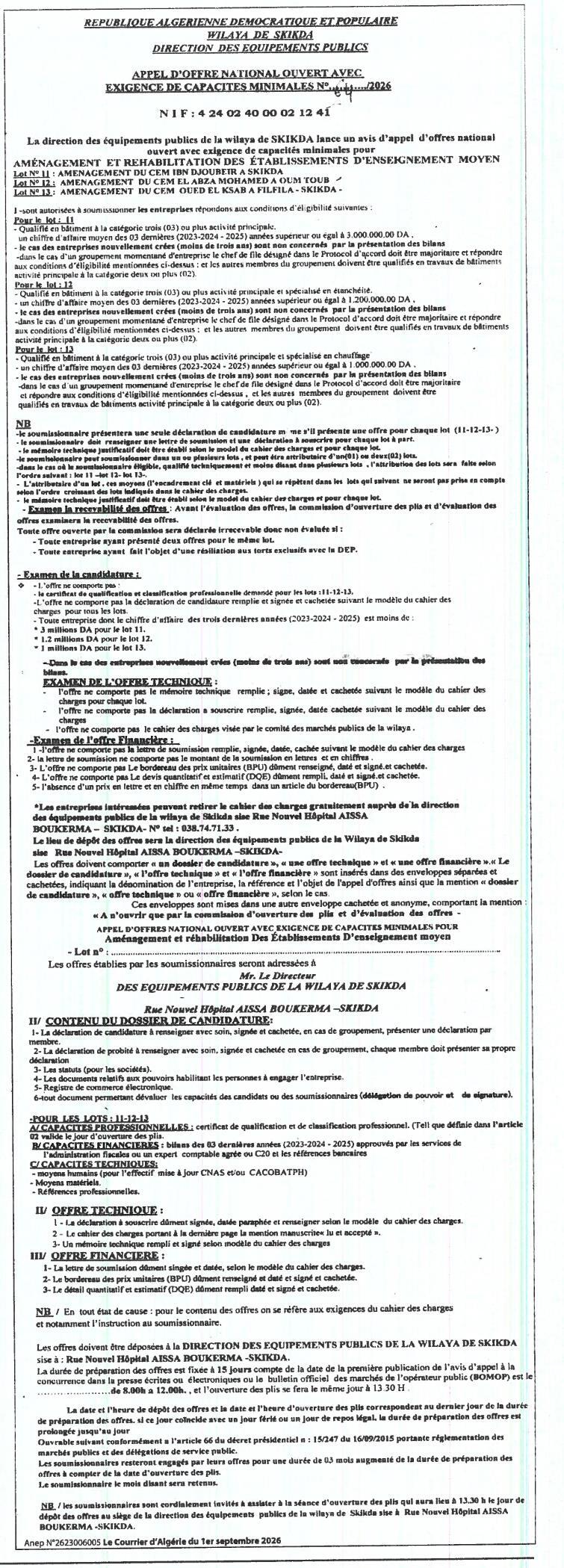 Aménagement et réhabilitation des établissements d'enseignement moyen à Skikda