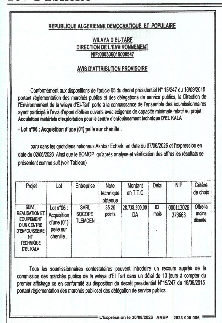 Avis d'attribution provisoire - Acquisition d'une pelle sur chenille pour le centre d'enfouissement technique d'El Kala