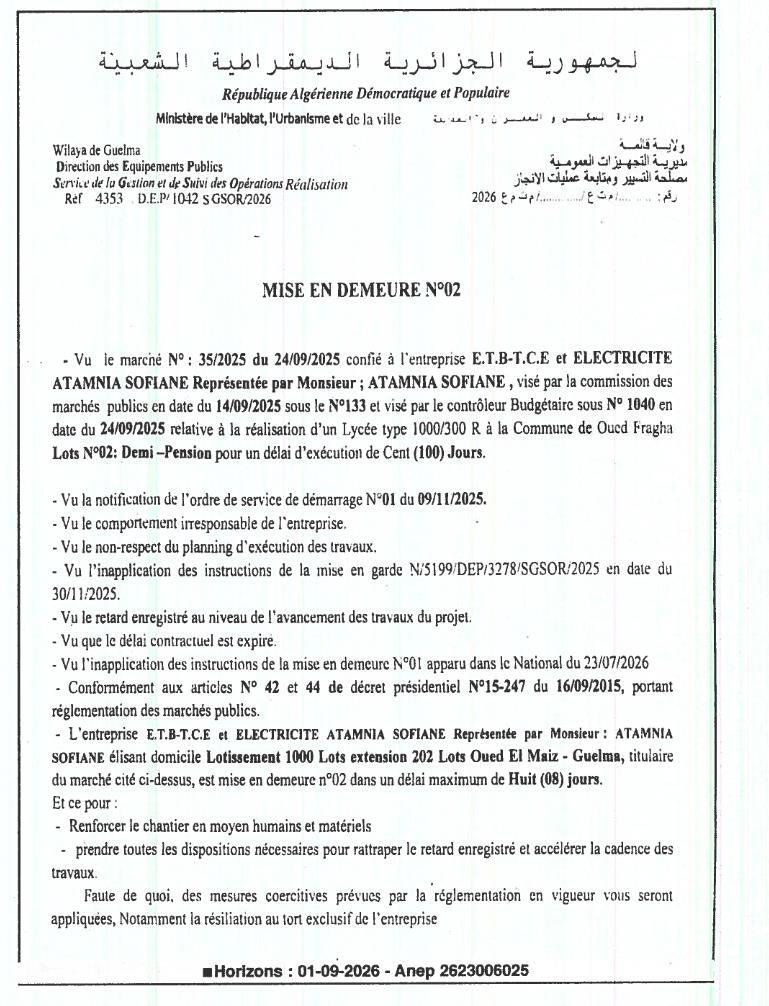 MISE EN DEMEURE N°02 relative à la réalisation d'un lycée type 1000/300 R à la commune de Oued Fragha