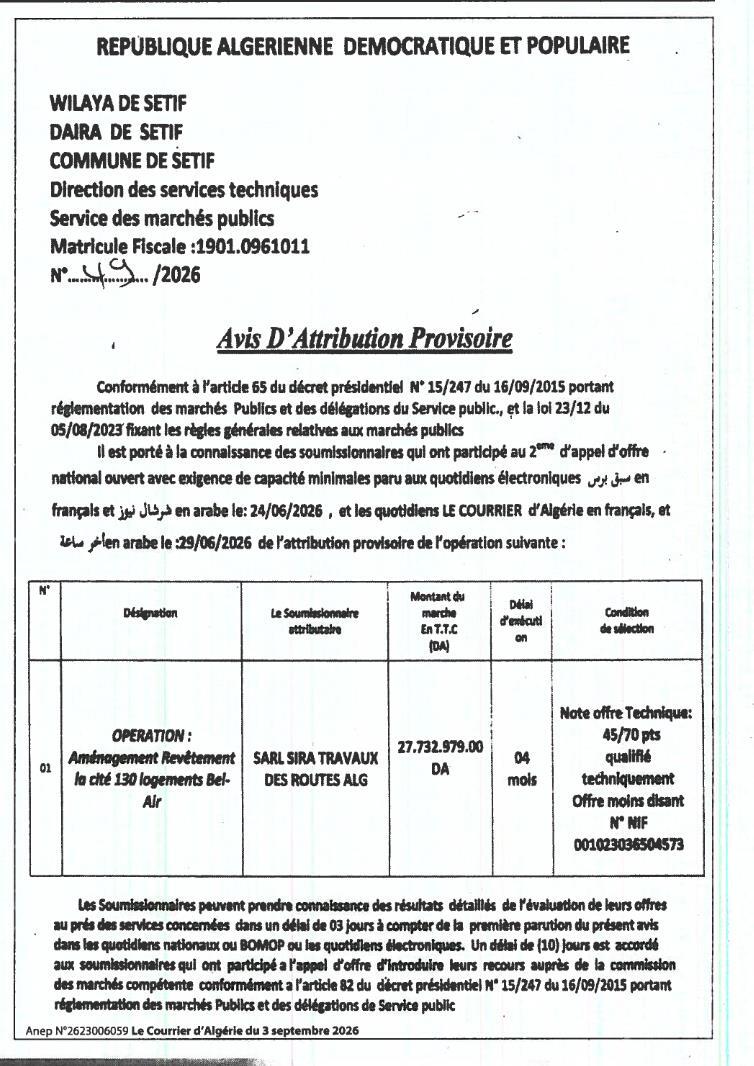 Avis d'attribution provisoire - Aménagement et revêtement de la cité 130 logements Bel-Air