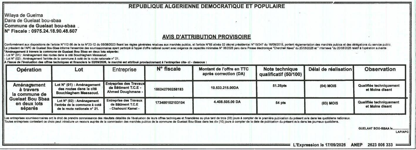 Avis d'attribution provisoire pour l'aménagement de la commune de Guelaat Bou-Sbaa
