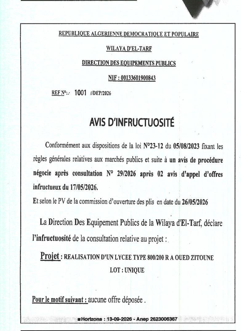 Avis d'infructuosité pour la réalisation d'un lycée à Oued Zitouné