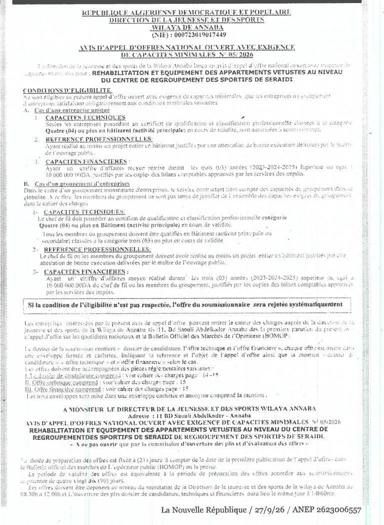 Réhabilitation et équipement des appartements vétustes au centre de regroupement des sportifs de Seraïdi