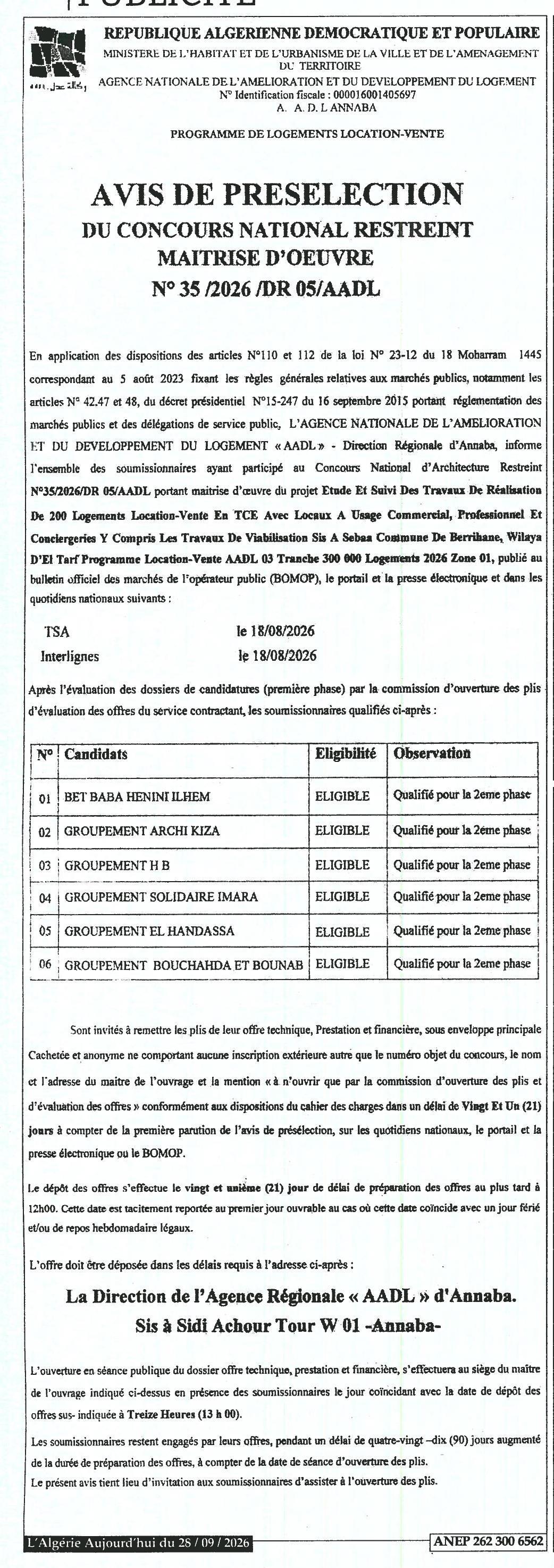 Présélection des candidats pour la maîtrise d'œuvre des travaux de réalisation de 200 logements location-vente à Berrihane (Commune de Berrihane, Wilaya d'El Tarf)