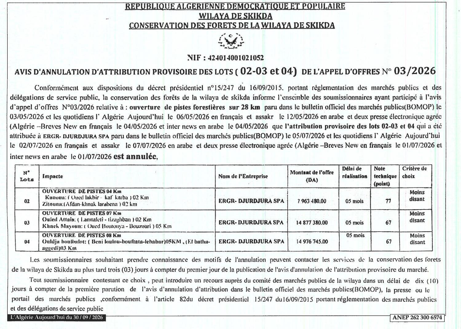 Annulation de l'attribution provisoire des lots 02-03 et 04 pour l'ouverture de pistes forestières