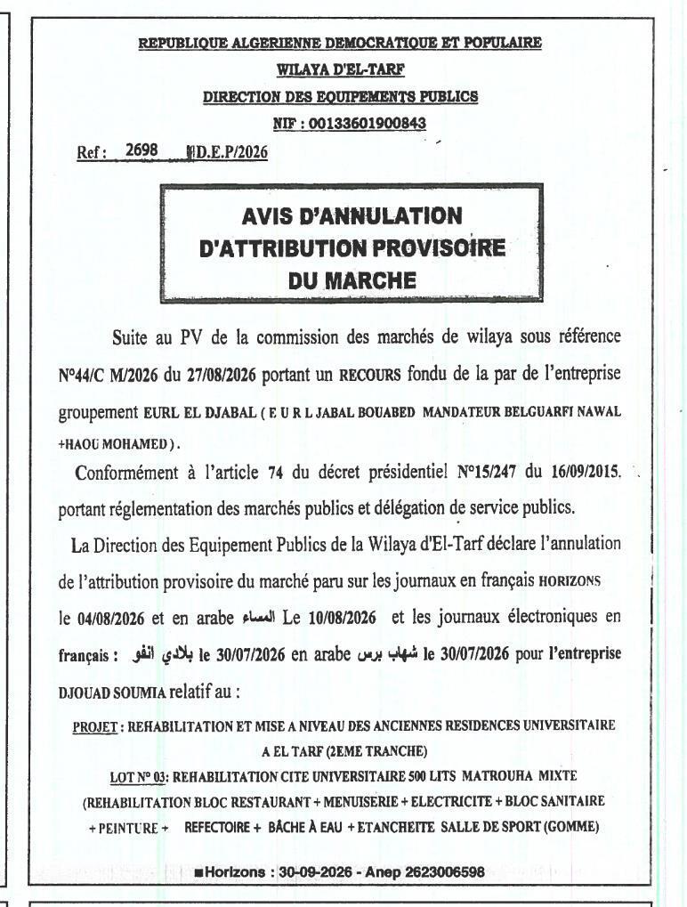 Annulation de l'attribution provisoire du marché pour la réhabilitation de la cité universitaire Matrouha mixte (lot 03)