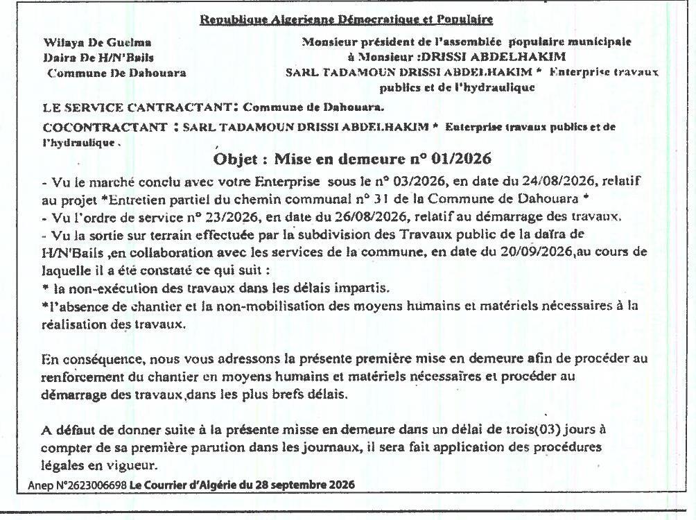 Mise en demeure pour non-exécution des travaux d'entretien du chemin communal n°31