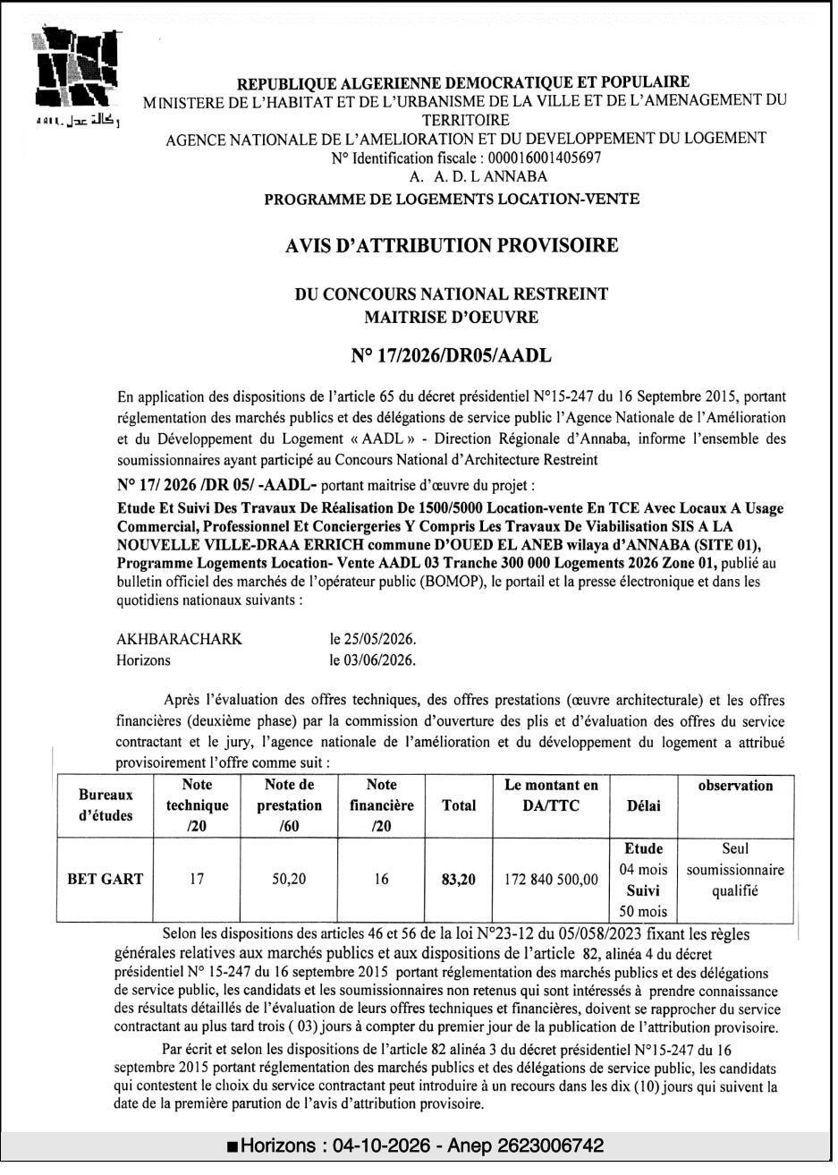 Attribution provisoire des études et suivi des travaux de 1500/5000 logements location-vente à Draa Errich, Annaba