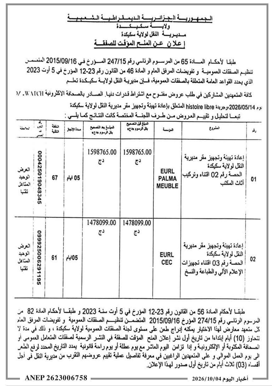 Avis d'attribution provisoire du marché pour la réhabilitation et l'équipement du siège de la Direction des Transports de Skikda