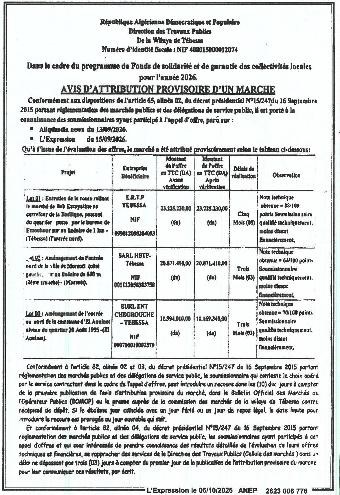 Attribution provisoire des marchés de travaux routiers et d'aménagement urbain à Tébessa