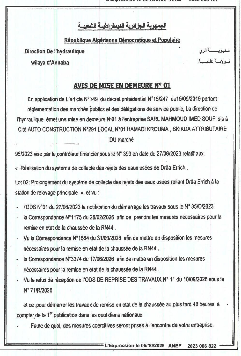 Mise en demeure pour non-exécution des travaux de remise en état de la chaussée de la RN44