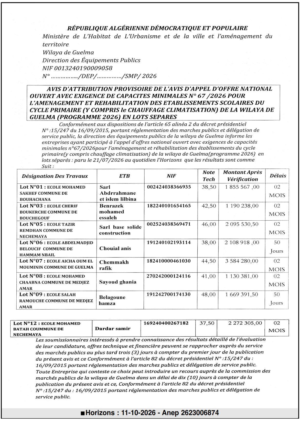 Attribution provisoire des travaux d'aménagement et réhabilitation des établissements scolaires primaires (y compris chauffage-climatisation) en lots séparés - Wilaya de Guelma