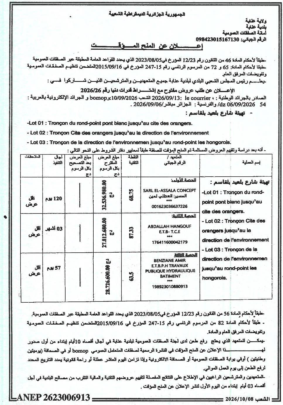Attribution provisoire des lots pour l'aménagement de la rue Belkheir Boulaïd à Annaba