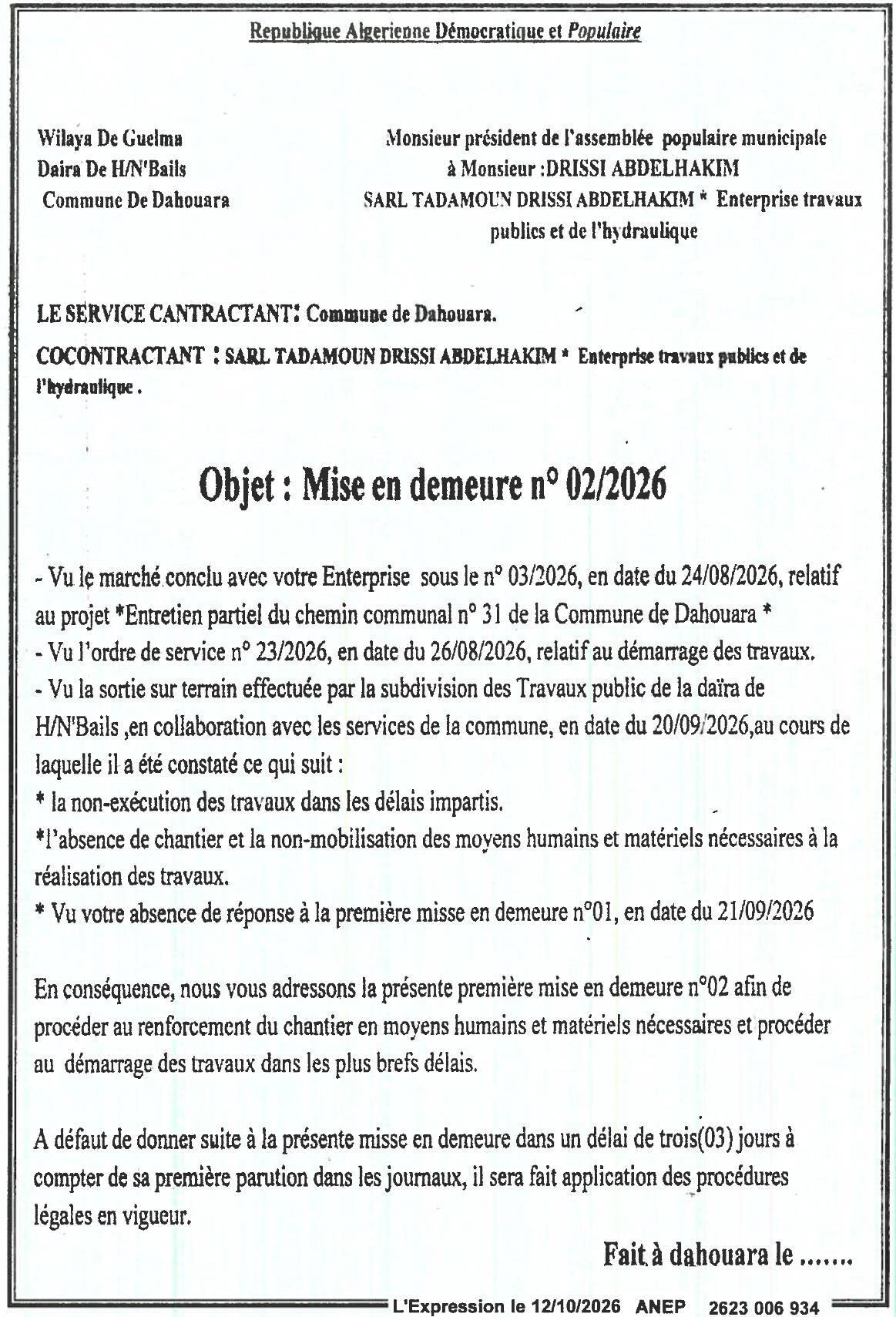Mise en demeure pour non-exécution des travaux d'entretien du chemin communal n°31