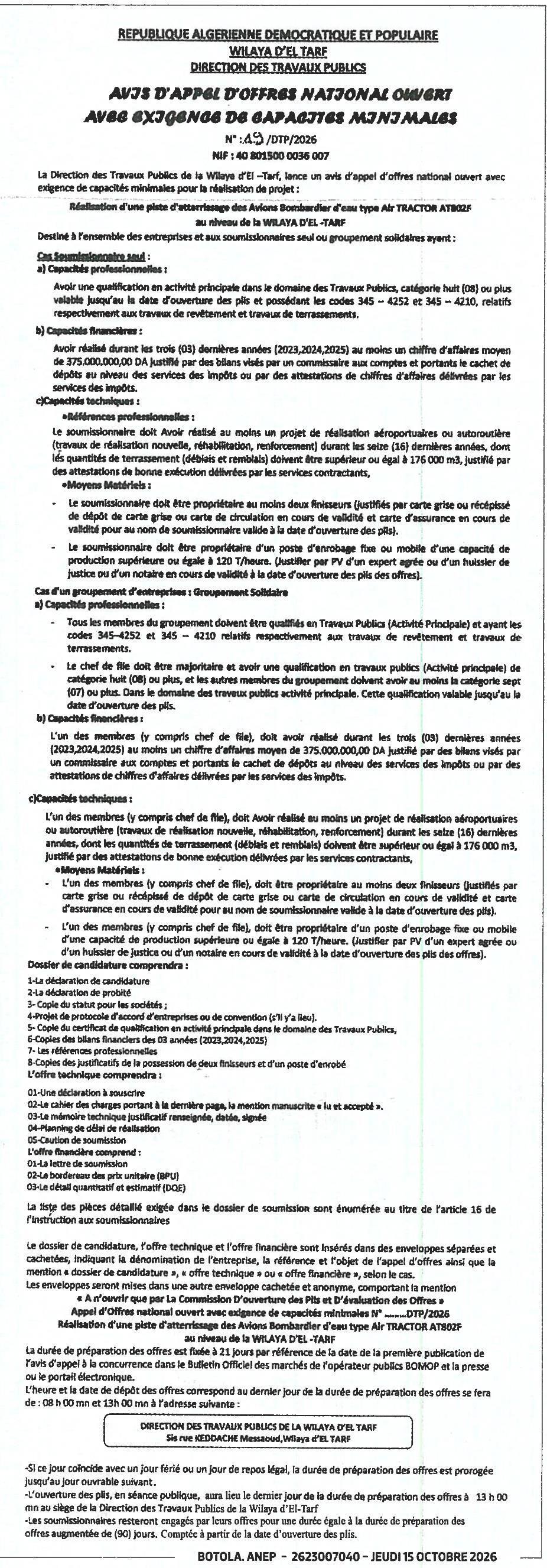 Réalisation d'une piste d'atterrissage pour avions bombardiers d'eau (Air TRACTOR ATB02F) à El Tarf