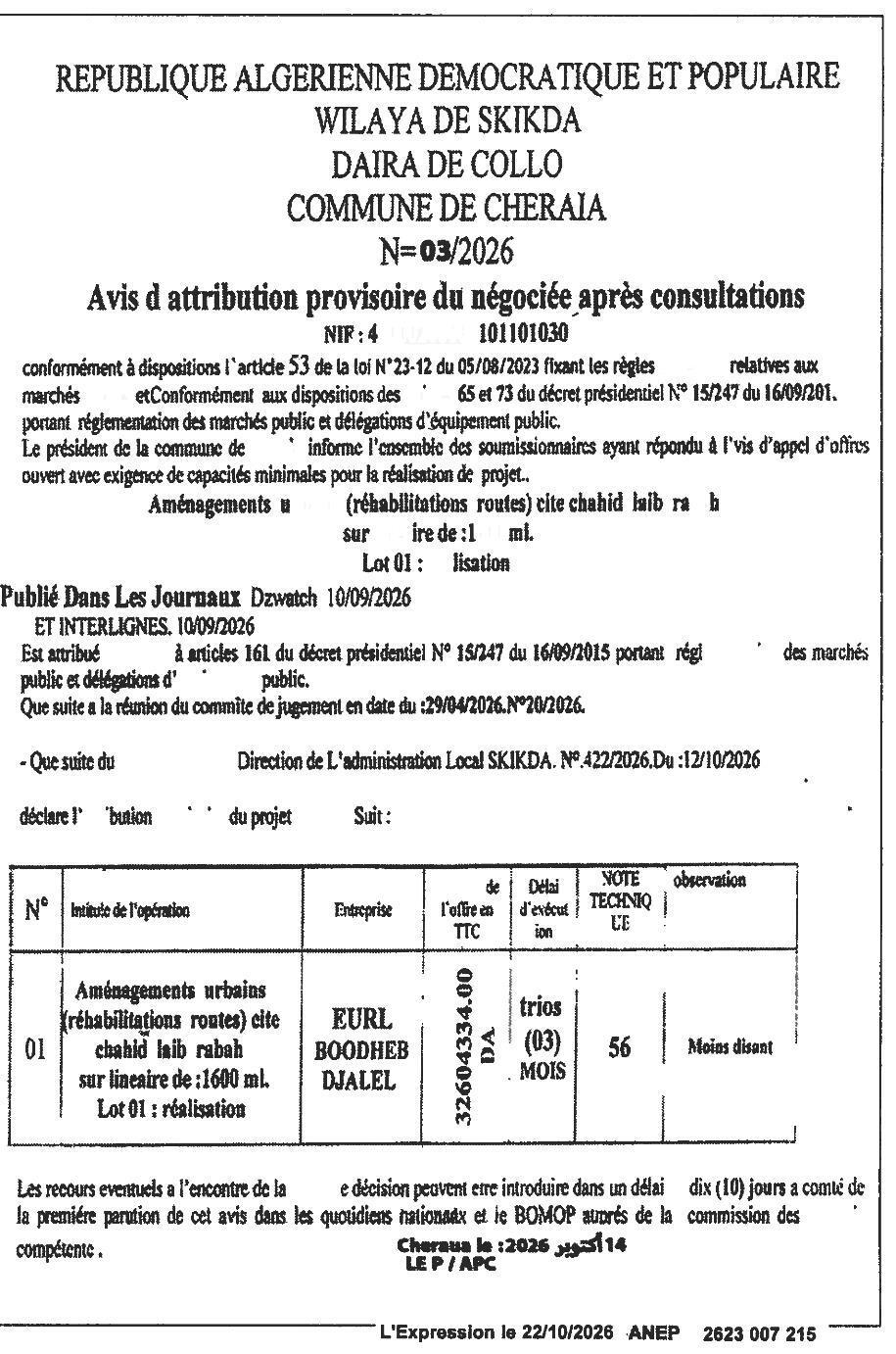 Attribution provisoire des aménagements urbains (réhabilitation de routes) à Chahid Laib Rabah (1600 ml linéaires)