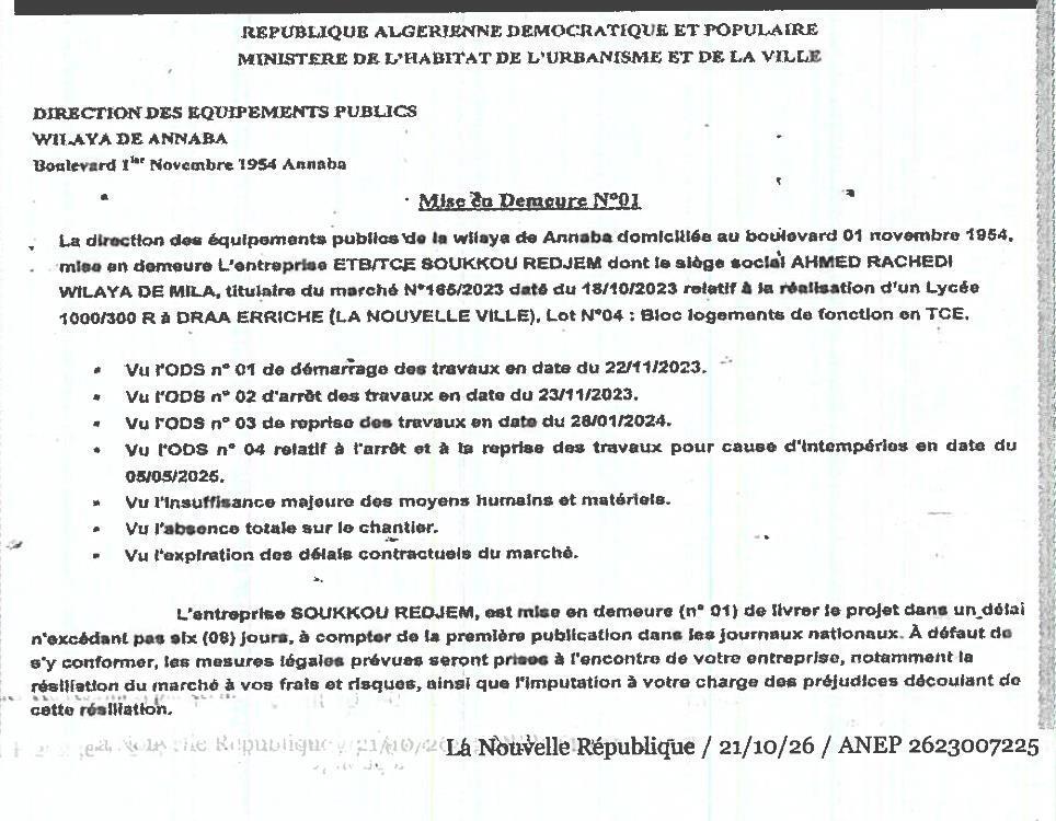 Mise en demeure pour non-respect des délais de réalisation d'un lycée à Draa Erriche (Nouvelle Ville)