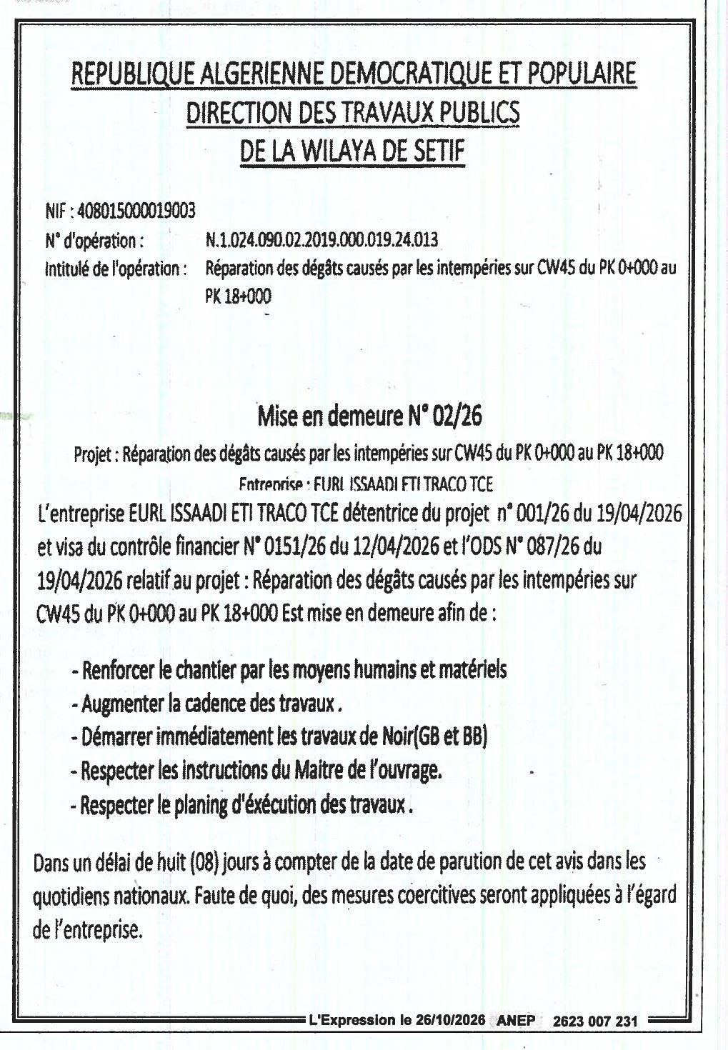 Mise en demeure pour non-respect des délais et des instructions dans les travaux de réparation des dégâts sur CW45 (PK 0+000 au PK 18+000)