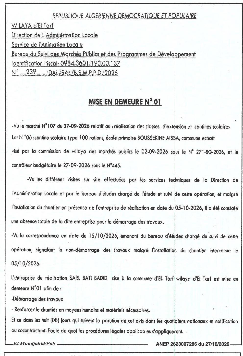 Mise en demeure pour non-démarrage des travaux de cantine scolaire