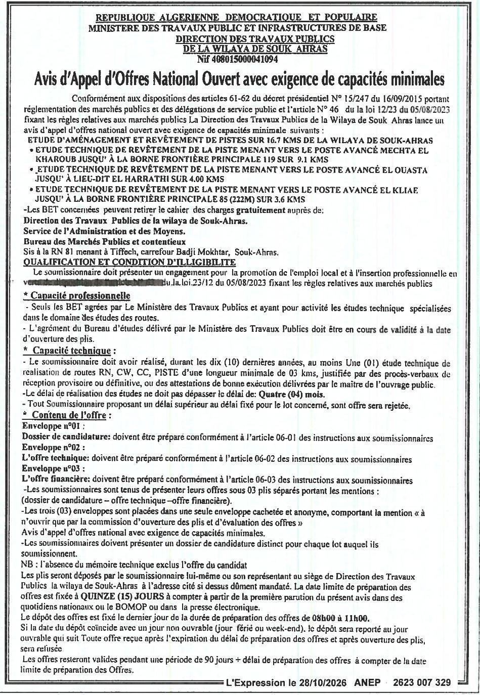 Étude d'aménagement et revêtement de pistes sur 16,7 km dans la wilaya de Souk Ahras