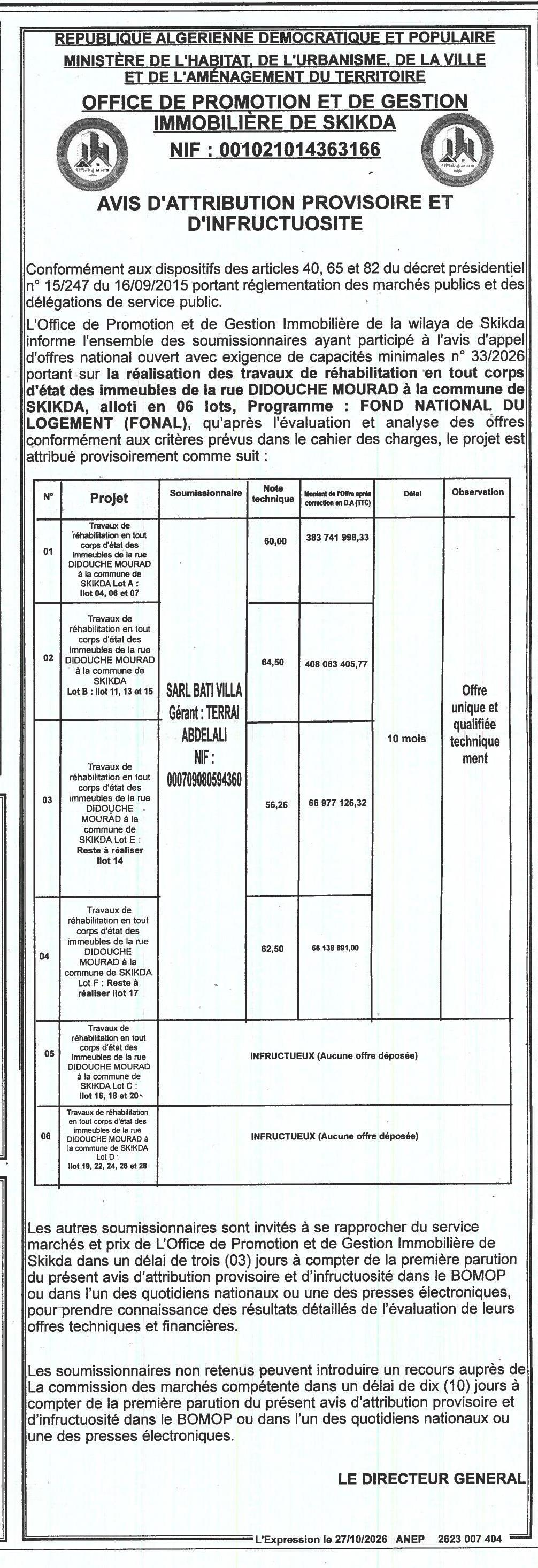 Attribution provisoire et infructuosité des travaux de réhabilitation des immeubles de la rue Didouche Mourad à Skikda