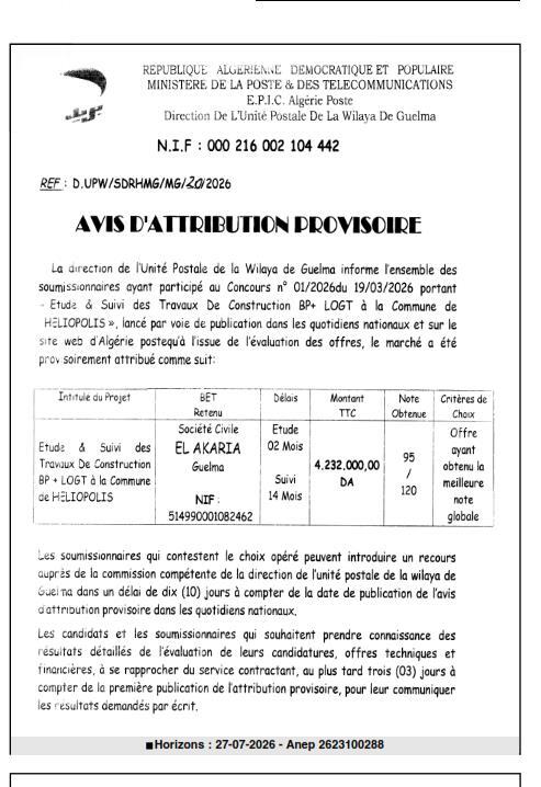 Etude & Suivi des Travaux De Construction BP + LOGT à la Commune de HÉLIOPOLIS