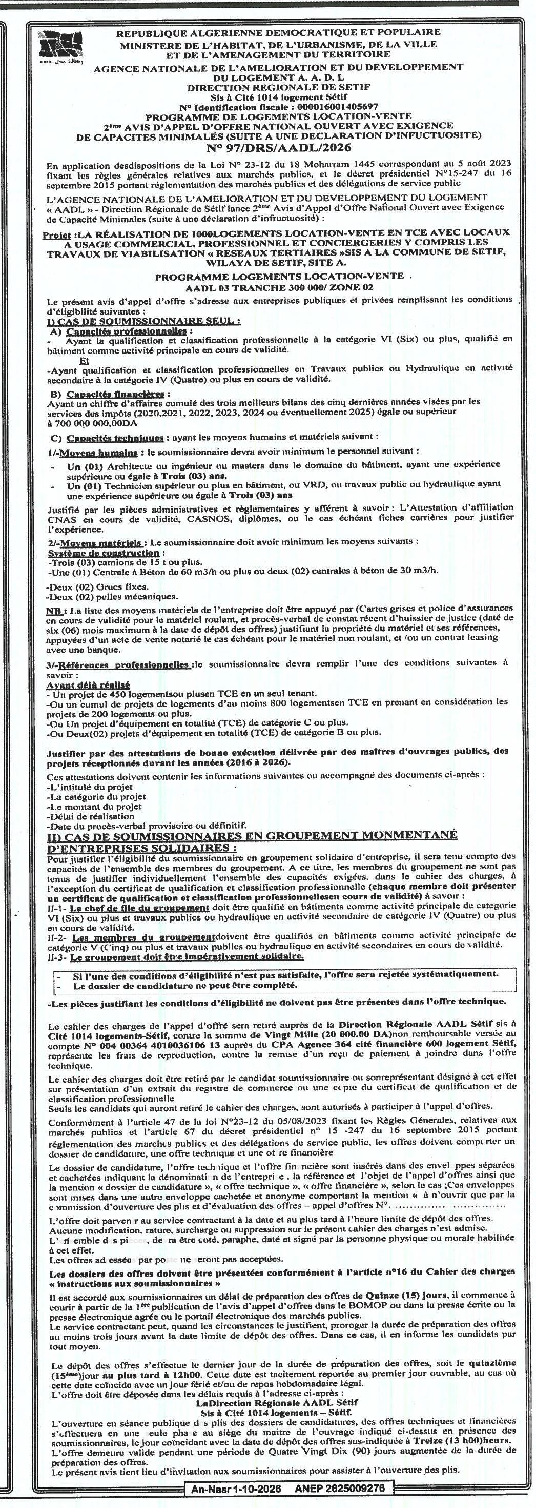 Construction de 100% logements location-vente avec locaux commerciaux et travaux de viabilisation (réseaux TERT-LIBS) à Sétif
