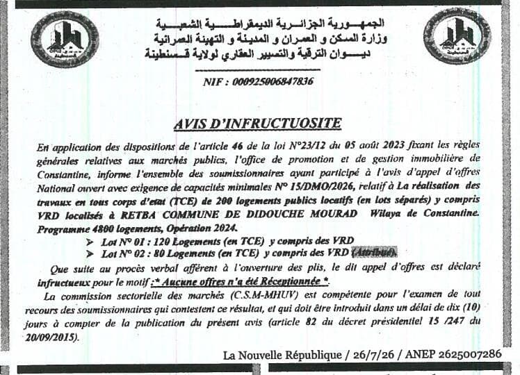 Réalisation des travaux en tous corps d'état (TCE) de 200 logements publics locatifs et VRD à Retba, Commune de Didouche Mourad, Wilaya de Constantine.