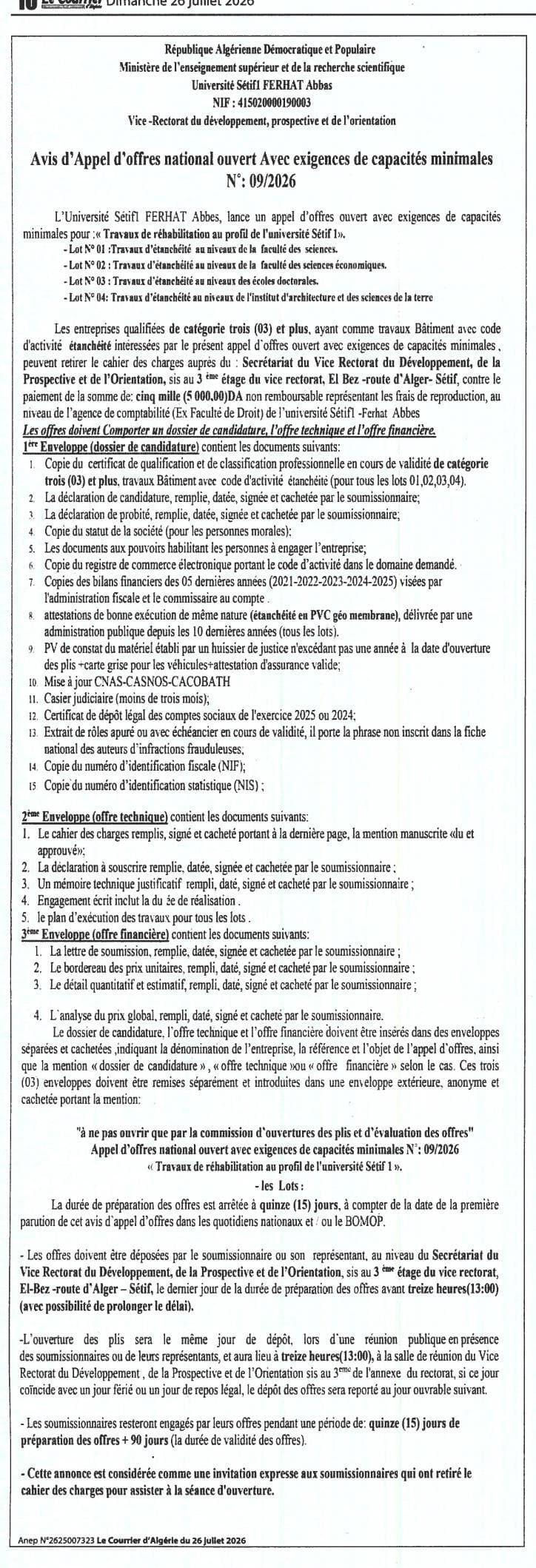 Travaux de réhabilitation au profit de l'université Sétif 1