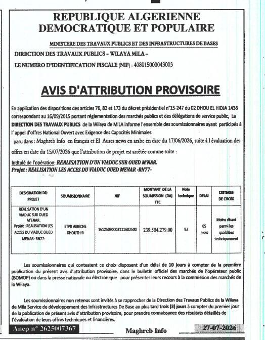 Réalisation des accès du viaduc Oued Menar - RN77