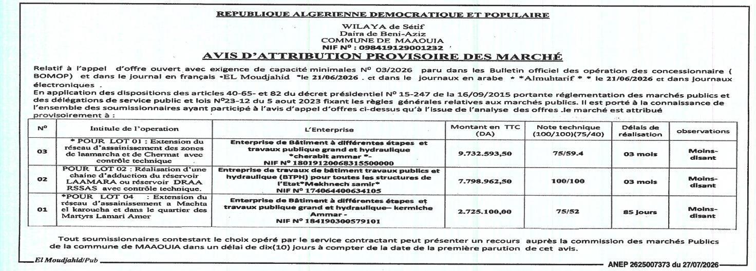 Extension du réseau d'assainissement des zones de laamarcha et de Chermat avec contrôle technique