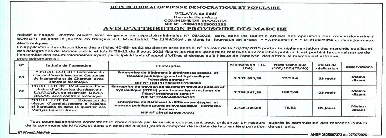 Extension du réseau d'assainissement des zones de laamarcha et de Chermat avec contrôle technique