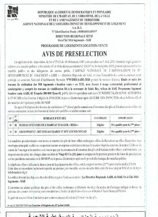 Avis de pre-selection pour programme de logements location-vente à Sidi Bey, Wilaya de Sétif