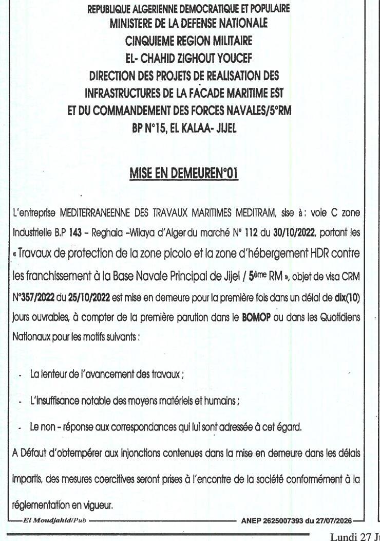 Mise en demeure n°01 - Travaux de protection de la zone piccolo et la zone d'hébergement HDR contre les franchissement à la Base Navale Principal de Jijel / 5ème RM