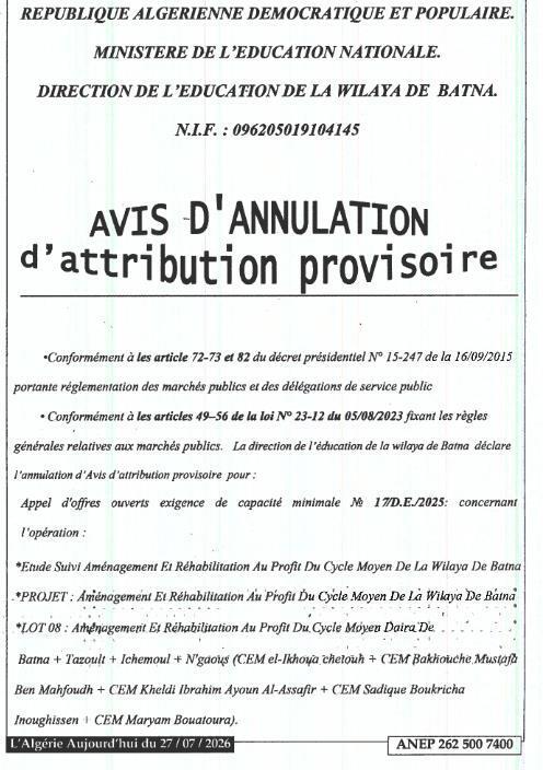 Etude Suivi Aménagement Et Réhabilitation Au Profit Du Cycle Moyen De La Wilaya De Batna