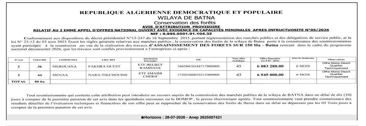 Avis d'attribution provisoire des travaux d'assainissement des forêts sur 150 Ha - Batna