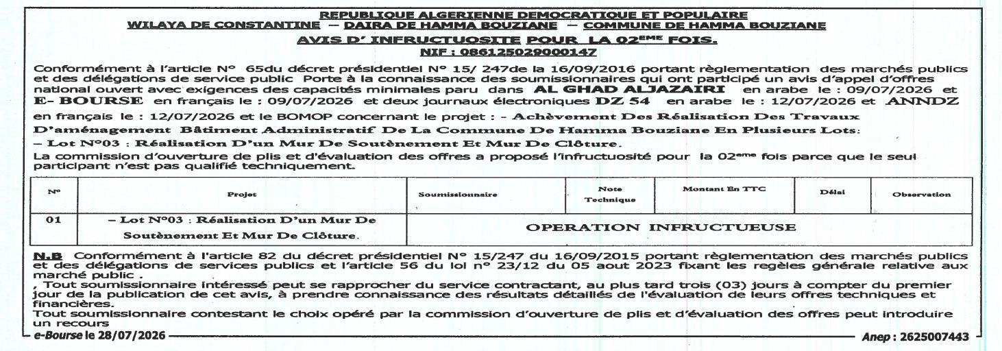 Avis d'infructuosité pour la 2ème fois - Lot N°03 : Réalisation d'un mur de soutènement et mur de clôture