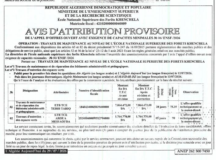 Avis d'attribution provisoire des travaux de maintenance de l'École Nationale Supérieure des Forêts de Khenchela