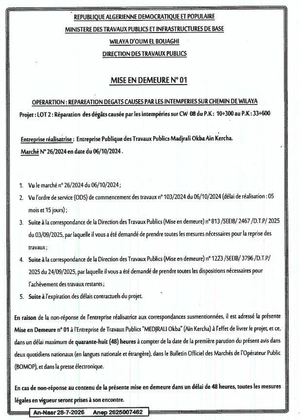 Mise en demeure relative à la réparation des dégâts causés par les intempéries sur le chemin de wilaya CW 08