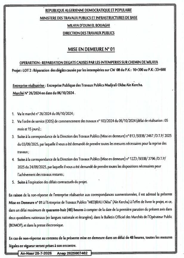 Mise en demeure relative à la réparation des dégâts causés par les intempéries sur le chemin de wilaya CW 08