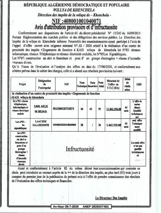 Avis d'attribution provisoire et d'infructuosité