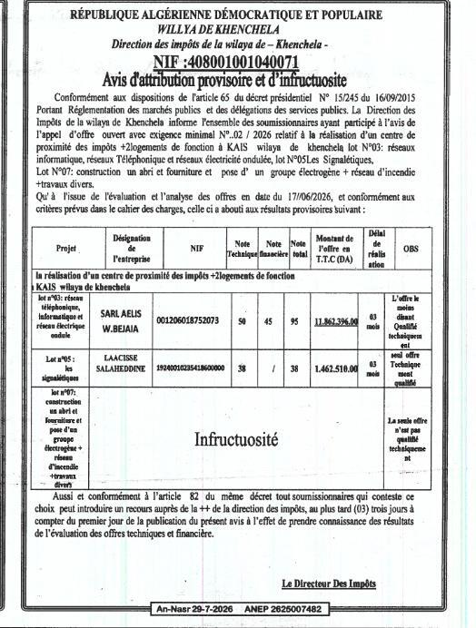 Avis d'attribution provisoire et d'infructuosité