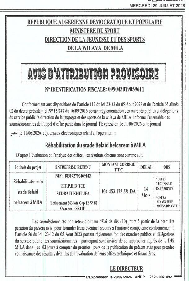 Réhabilitation du stade Belaid Belcacem à Mila