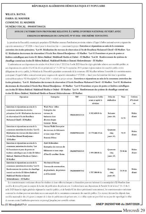 Attribution provisoire des travaux d'entretien et réparations des écoles primaires de la commune d'El Madher