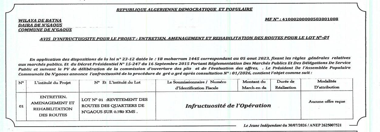 Entretien, aménagement et rehabilitation des routes pour le lot n°01