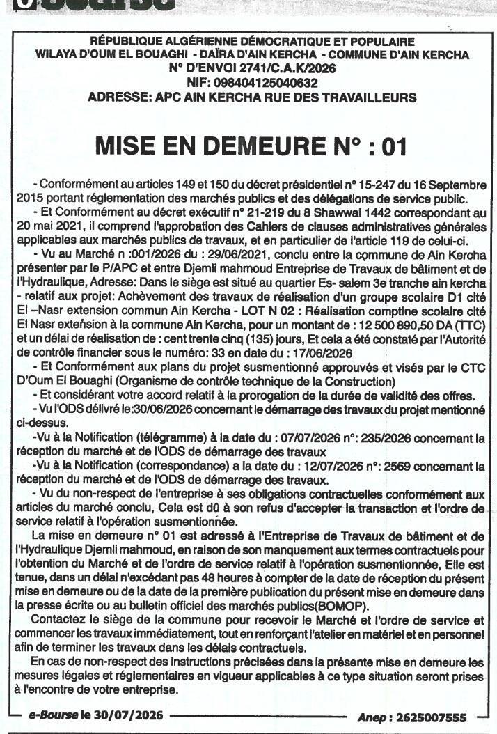 MISE EN DEMEURE N° : 01