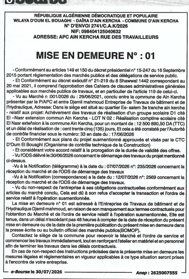 MISE EN DEMEURE N° : 01