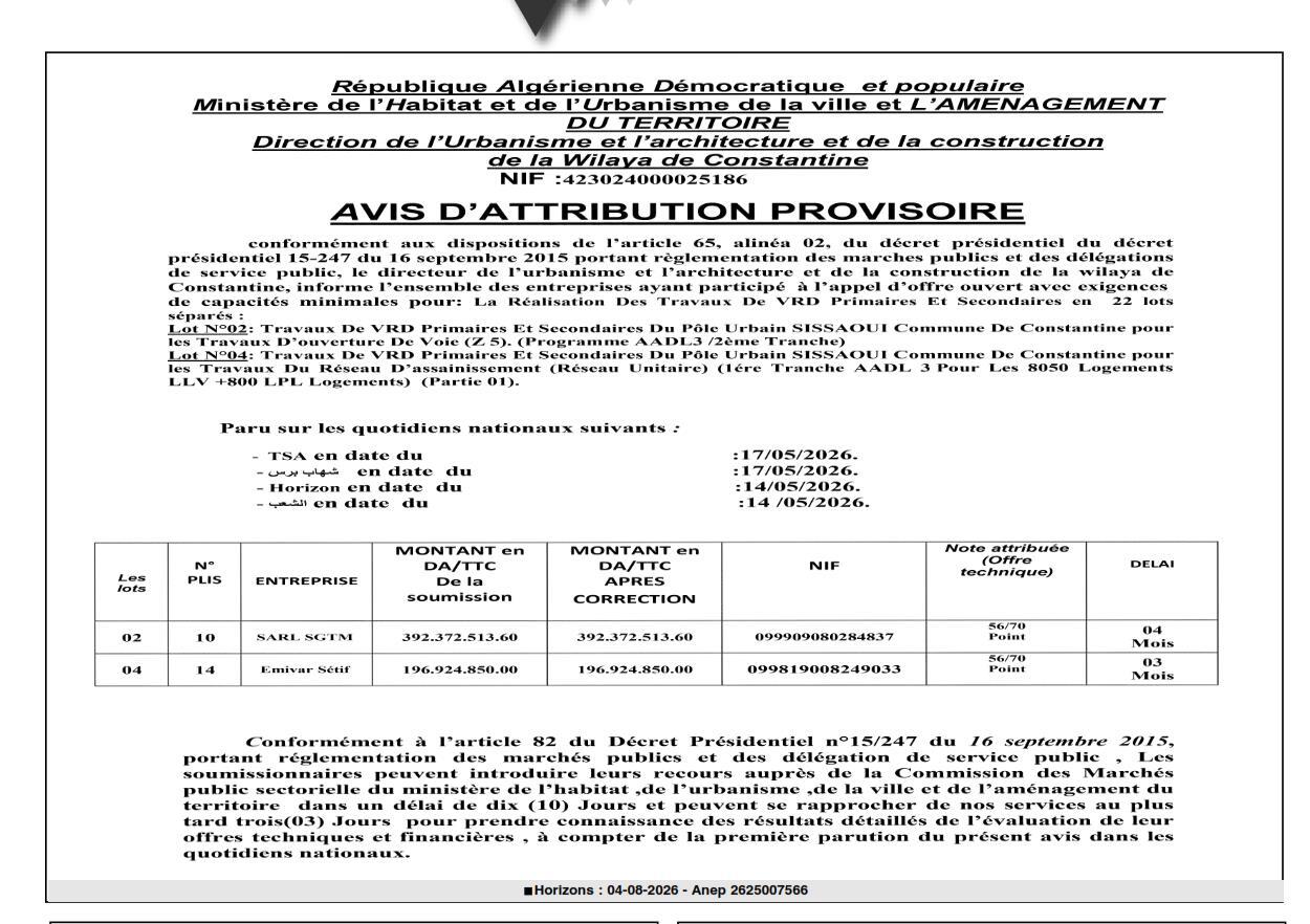 Avis d'attribution provisoire pour la réalisation des travaux de VRD primaires et secondaires en 22 lots séparés